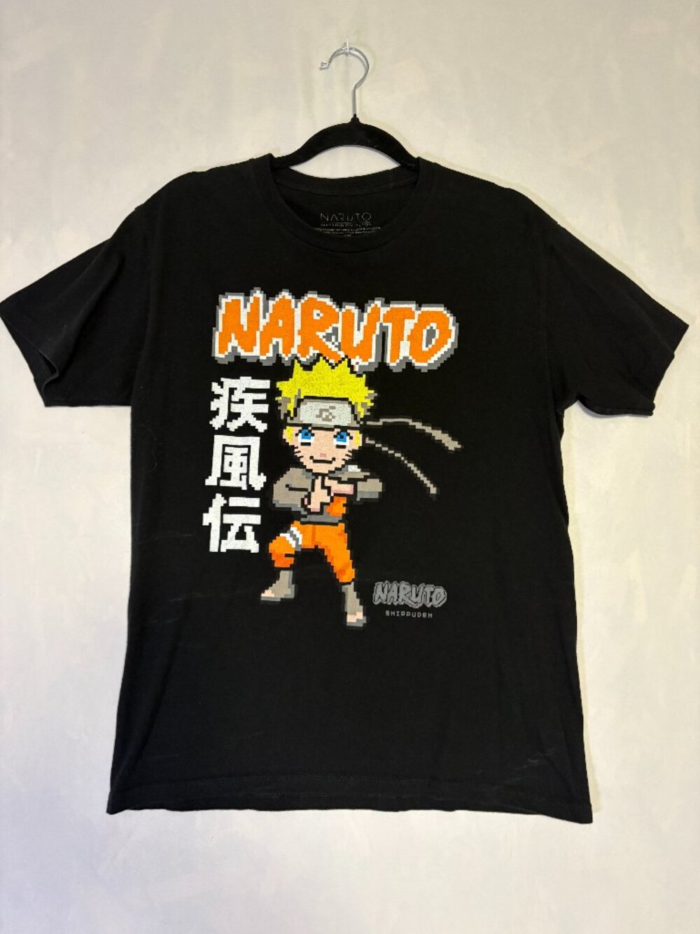 Naruto Shippuden Pixel Art Graphic T-Shirt Black Anime Manga Tee Medium